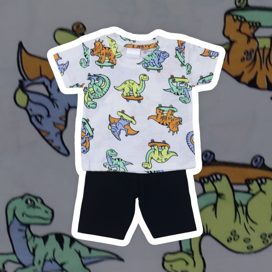 Kids Dinosaur Skateboard Printed T-Shirt & Black Shorts Set – Soft Cotton Outfit