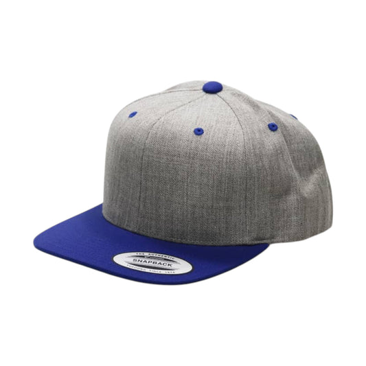 Gray and blue snapback cap on a white background