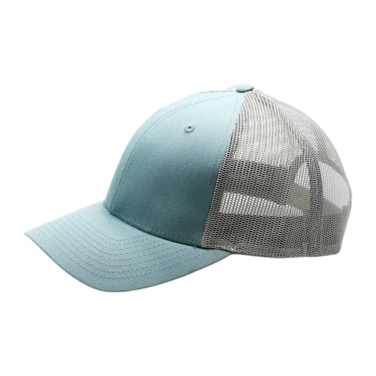 Light blue baseball cap with mesh back on a white background