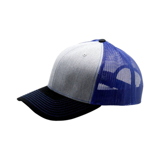 Three-tone baseball cap with gray, blue, and black colors on a white background