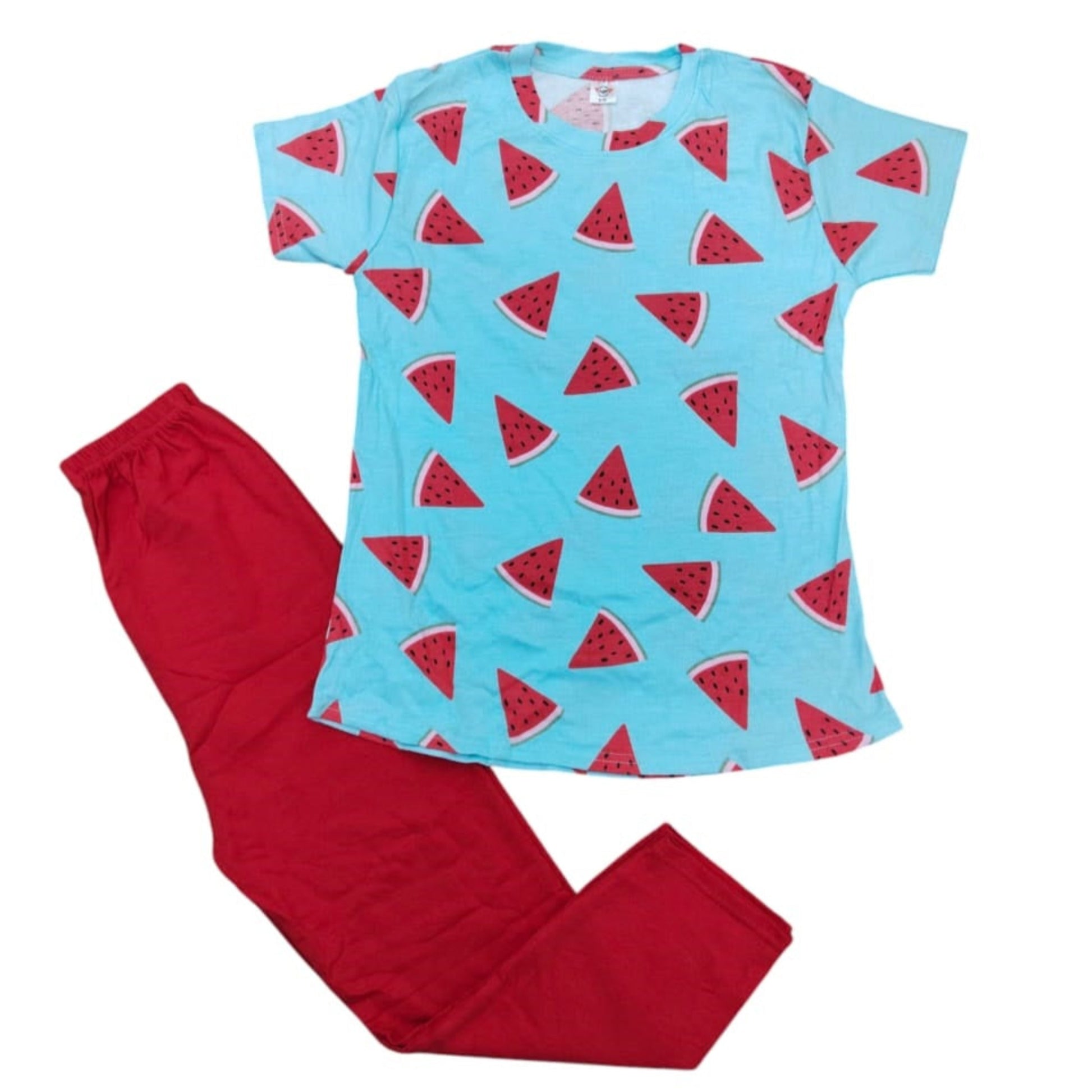 Children's pajama set with blue shirt and red pants featuring watermelon pattern on a white background