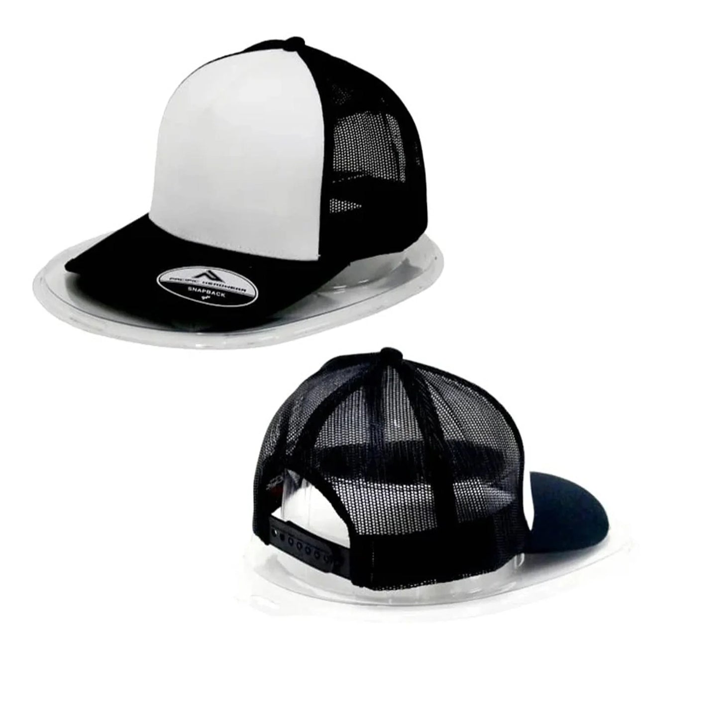 Two black and white trucker hats on a white background