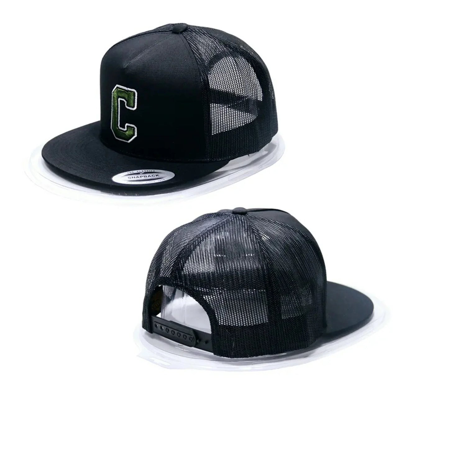 Two black mesh caps with a brand logo on a white background