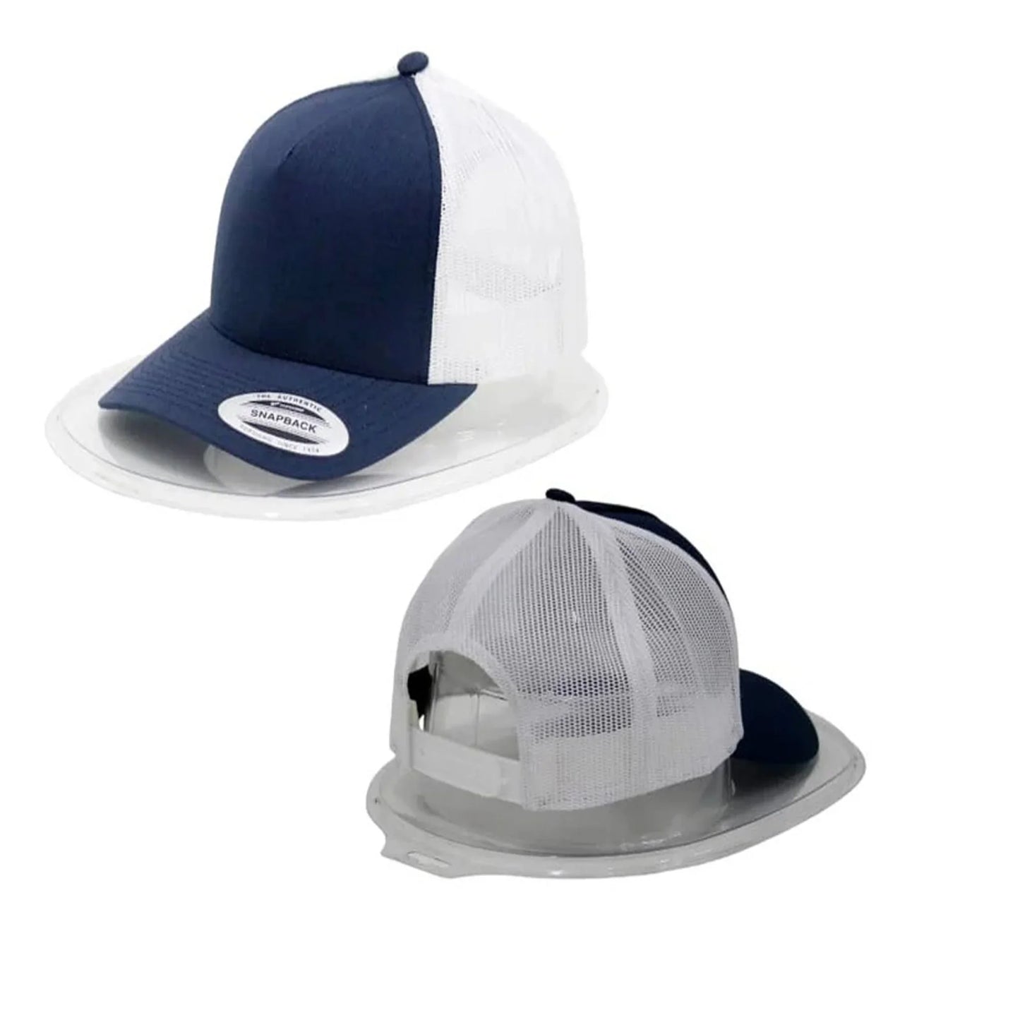 Two trucker hats with navy and white color scheme on a white background