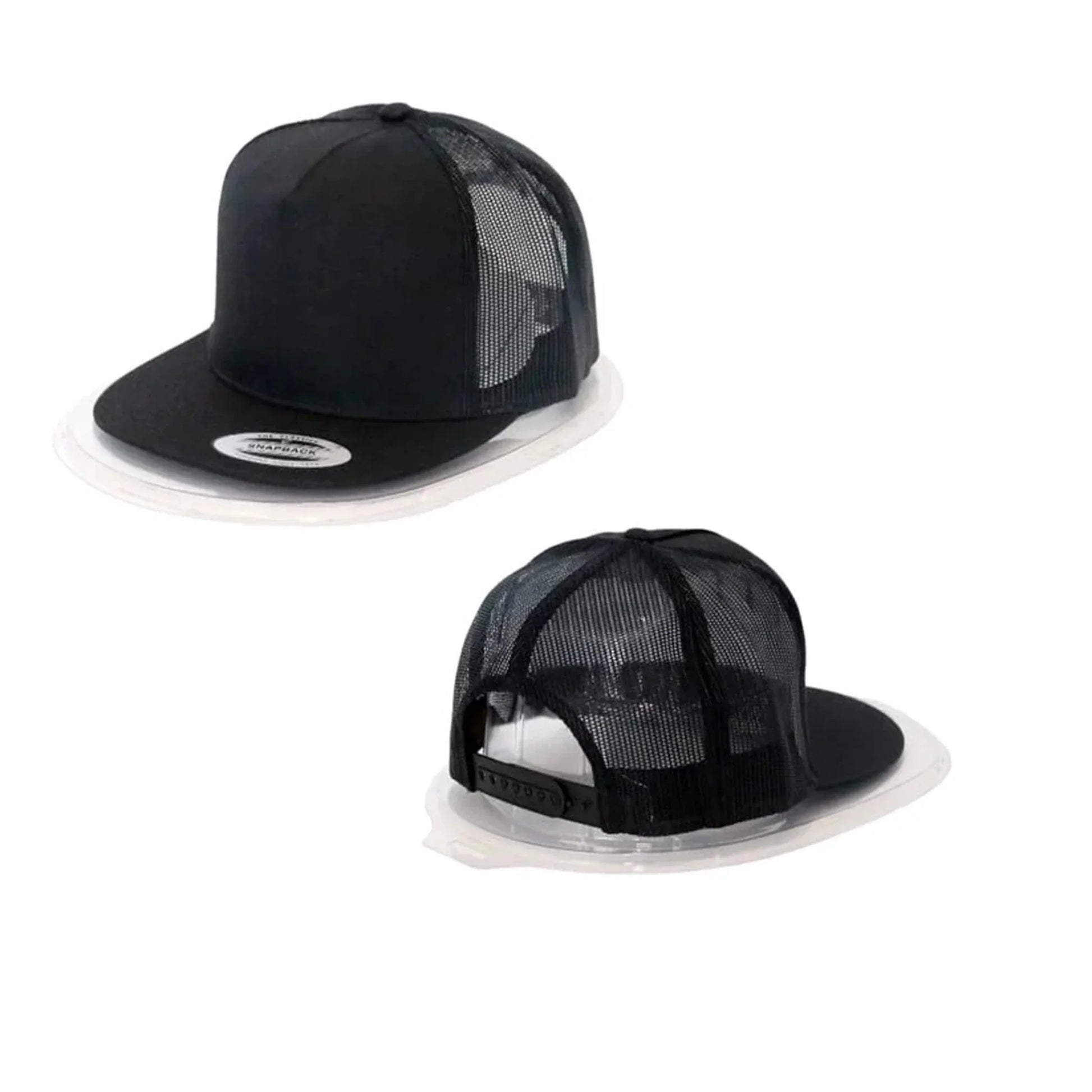 Two black mesh caps with transparent visors on a white background