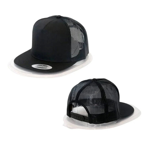 Two black mesh caps with transparent visors on a white background