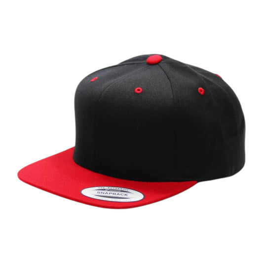 Black and red snapback cap on a white background