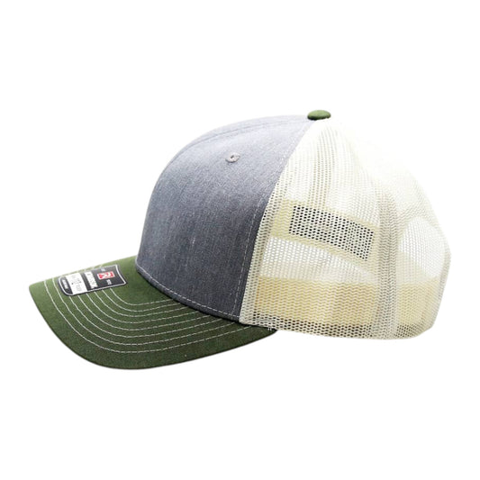 Trucker hat with gray front panel, green bill, and white mesh back on a white background