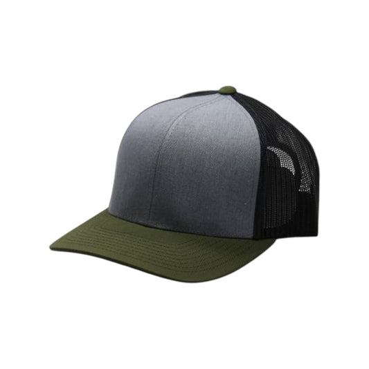 Three-tone cap with gray front, black side, and green bill on a white background