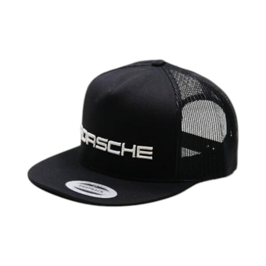 Black Porsche cap with mesh back on a white background