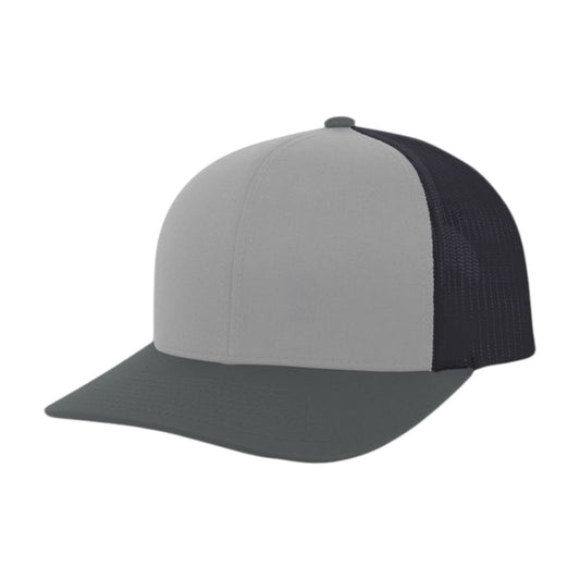 Gray and black trucker cap on a white background