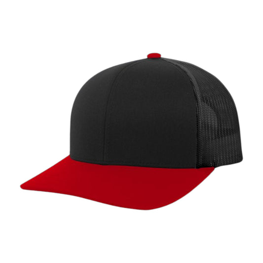 Black and red trucker cap on a white background