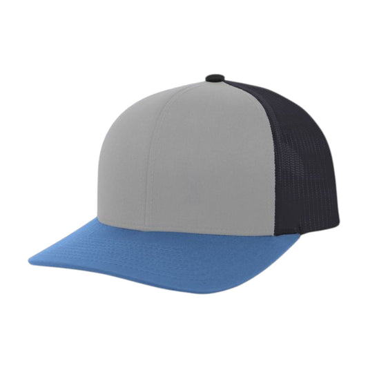Three-tone cap with gray, black, and blue colors on a white background