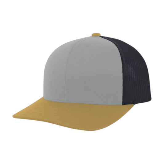 Three-tone cap with gray front, black side, and mustard yellow back on a white background