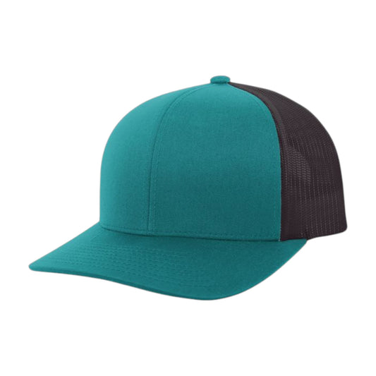 Teal and black trucker cap on a white background