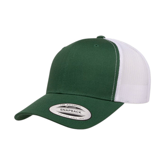 Green and white snapback cap on a white background