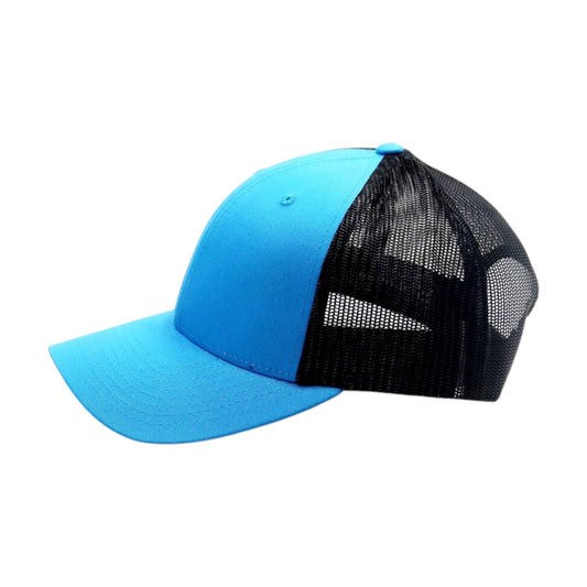 Blue baseball cap with black mesh back on a white background