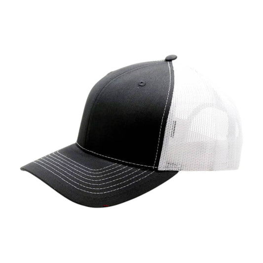 Black and white cap with mesh back on a white background