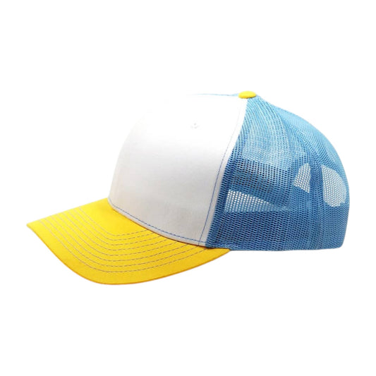 Trucker hat with yellow brim and blue mesh back on a white background