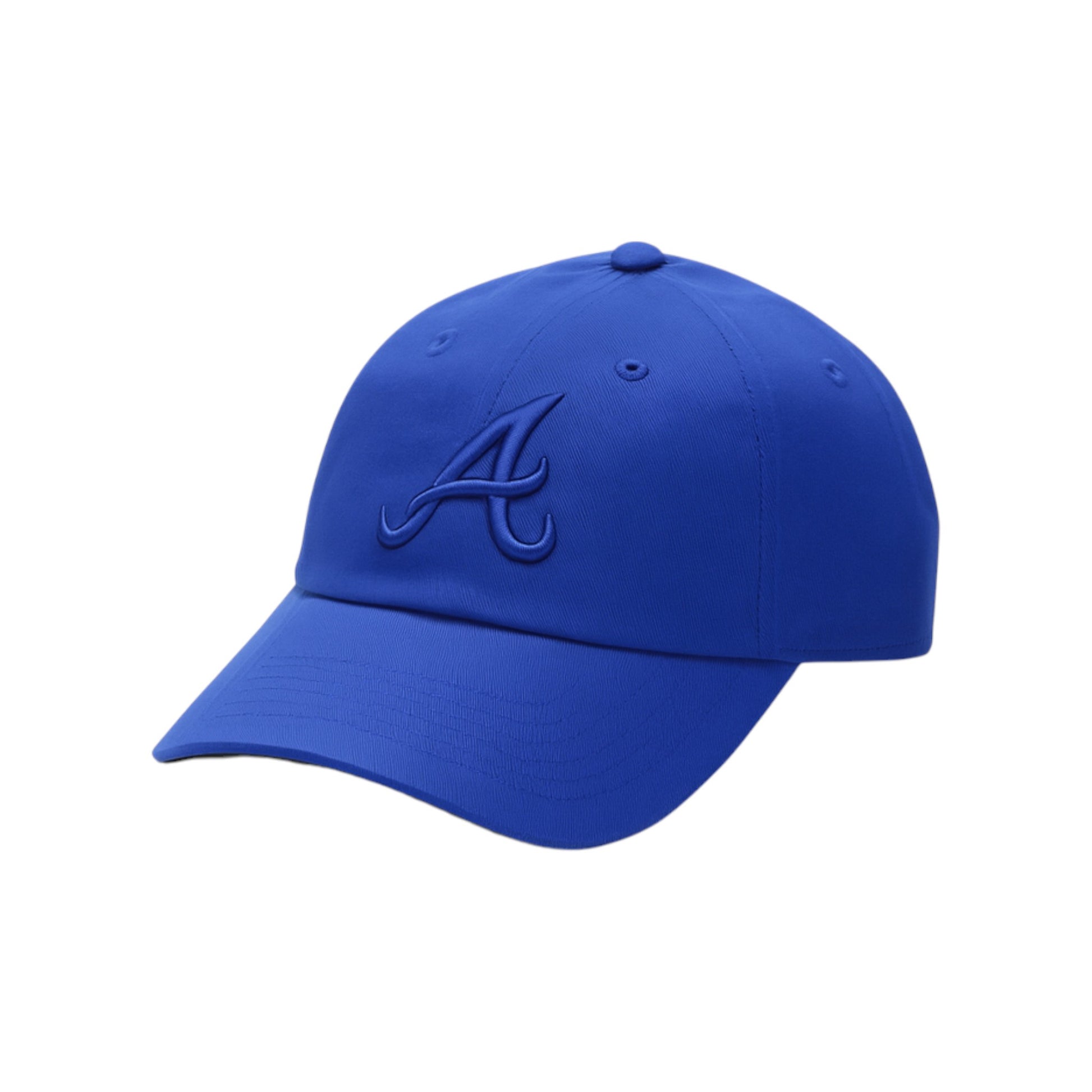 Blue baseball cap with a logo on a white background