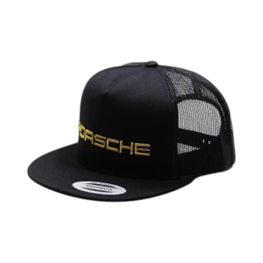 Black trucker cap with Porsche logo on a white background