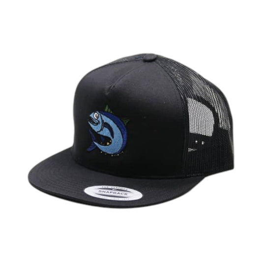 Black mesh cap with a blue fish logo on a white background