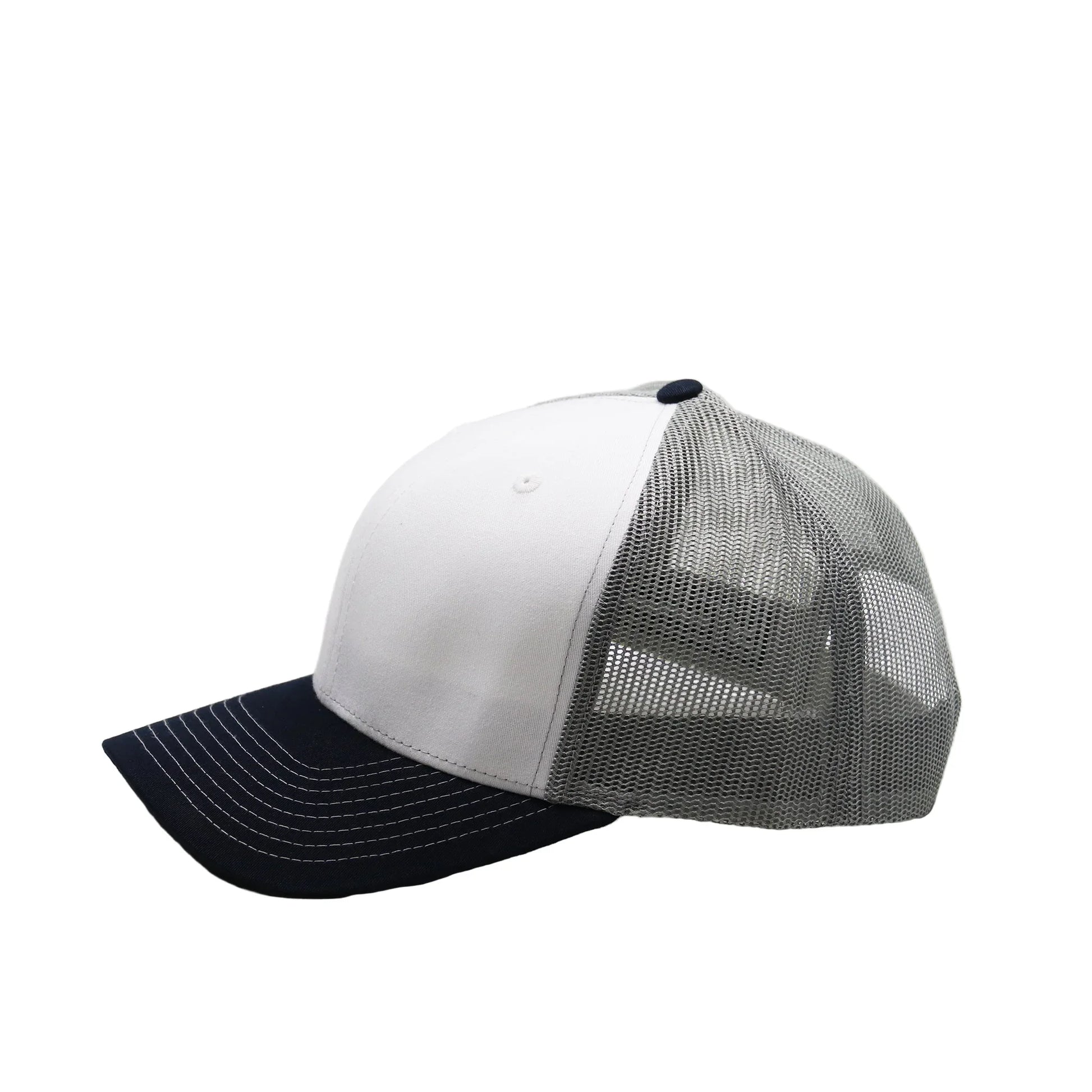 Two-tone cap with white front and black sides on a light gray background