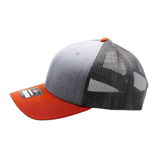 Gray and orange cap with mesh back on a white background