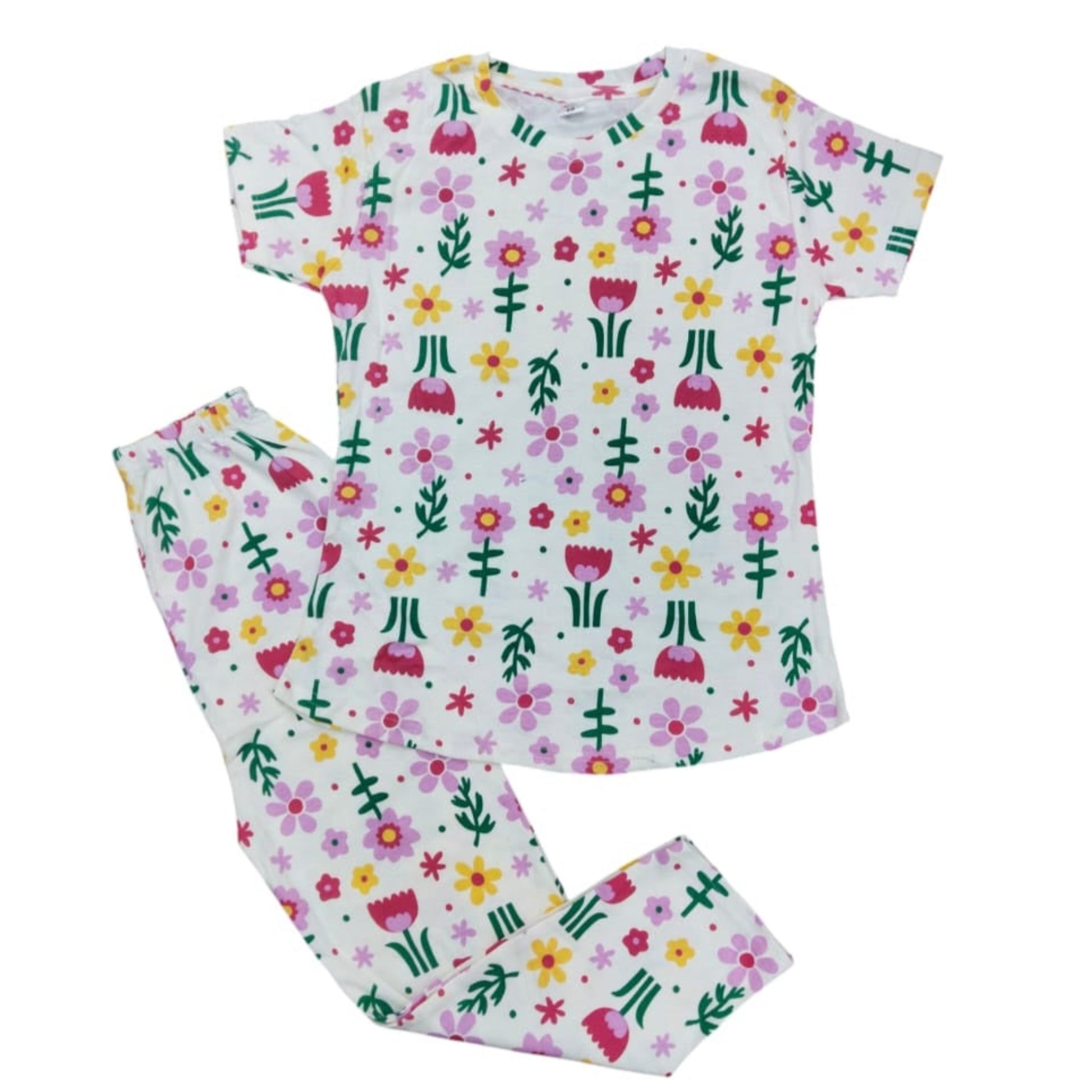 Children's pajama set with floral pattern on a white background