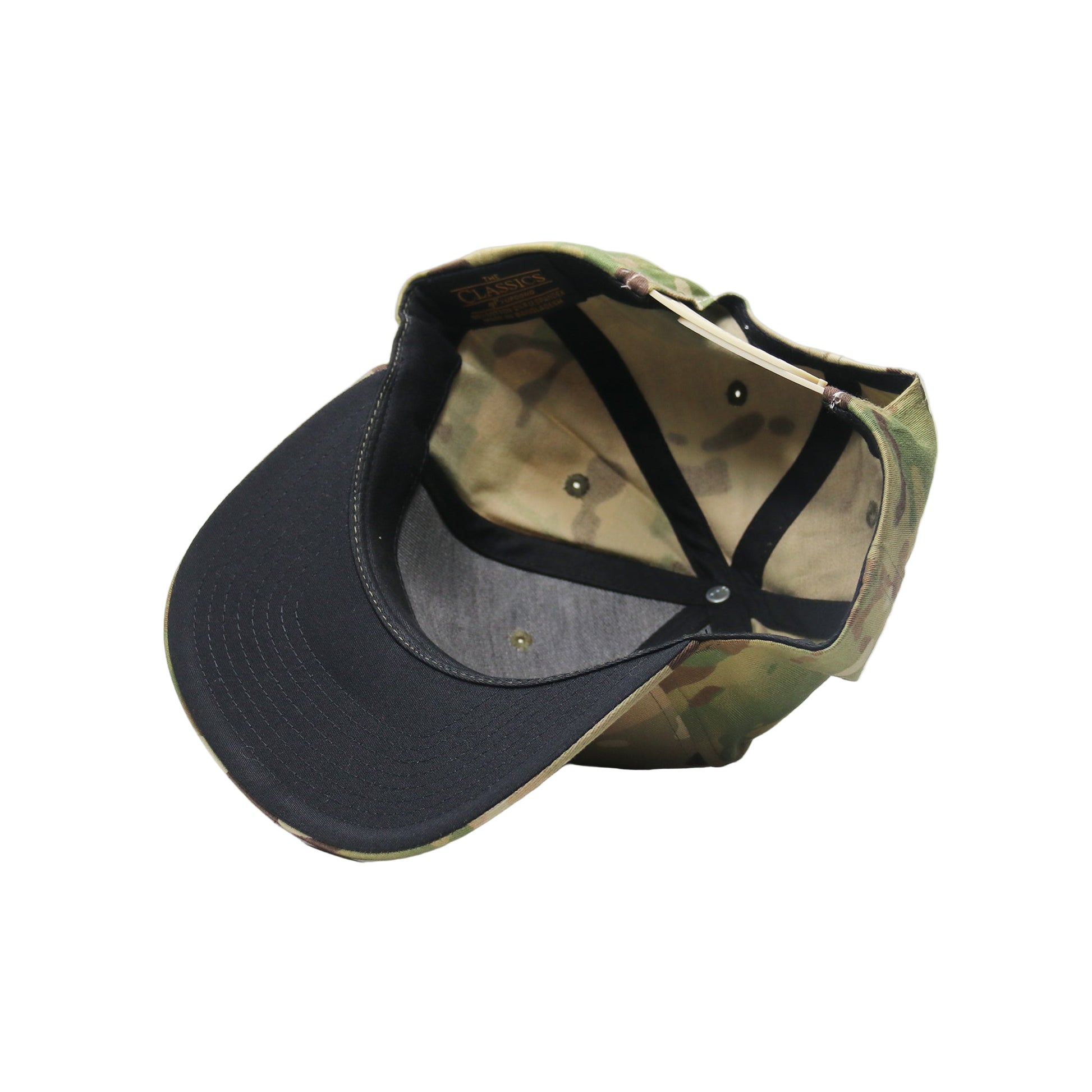 Camouflage baseball cap with black brim on a white background