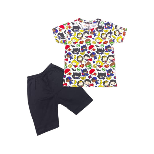 Colorful superhero-themed t-shirt with black shorts on a white background