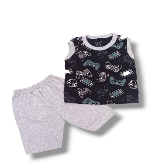 Children's sleeveless top with gaming console pattern and gray shorts on a white background