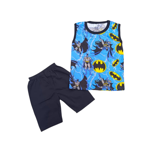 Batman-themed sleeveless top and shorts set on a white background