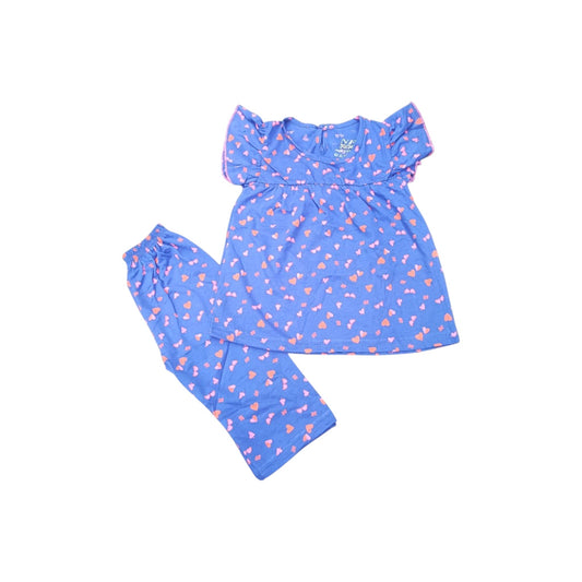 Blue children's outfit with pink heart pattern on a white background