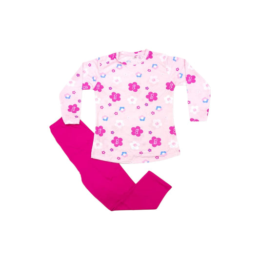 Pink floral top and pink pants on a white background
