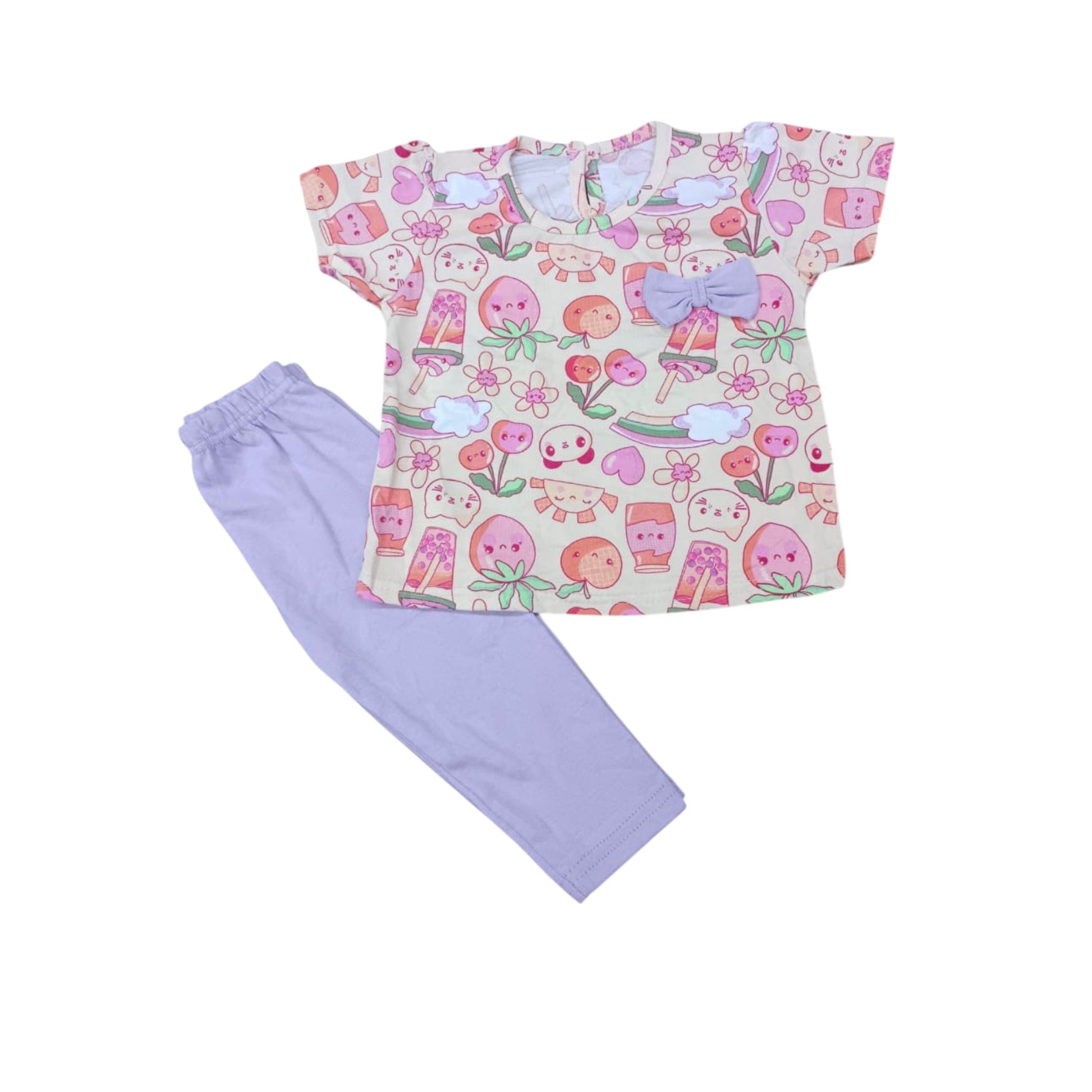 Children's pajama set with a colorful top and lavender pants on a white background