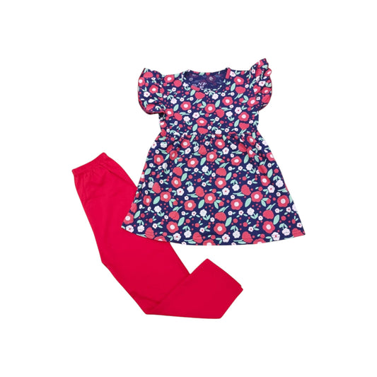 Floral dress and red leggings set on a white background