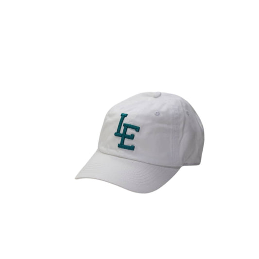 White cap with 'LE' logo on a white background