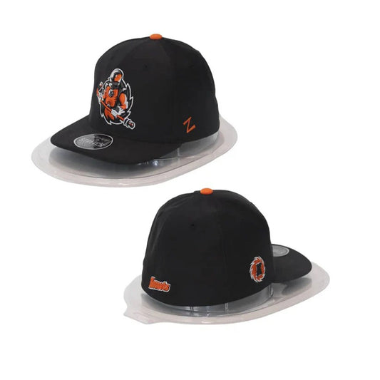Two black baseball caps with logos on a white background