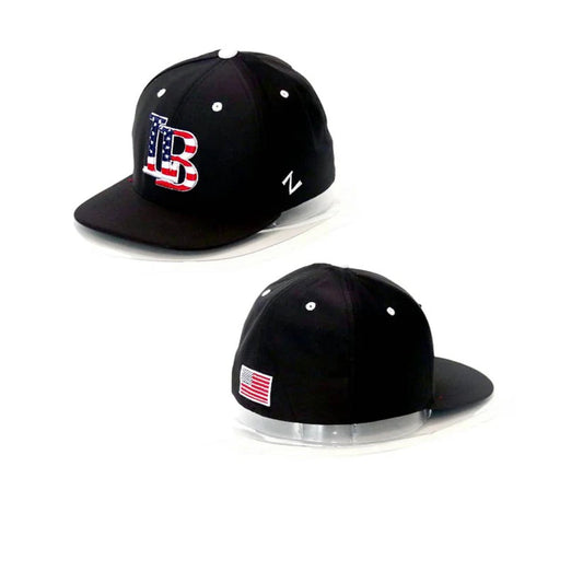 Two black caps with American flag designs on a white background