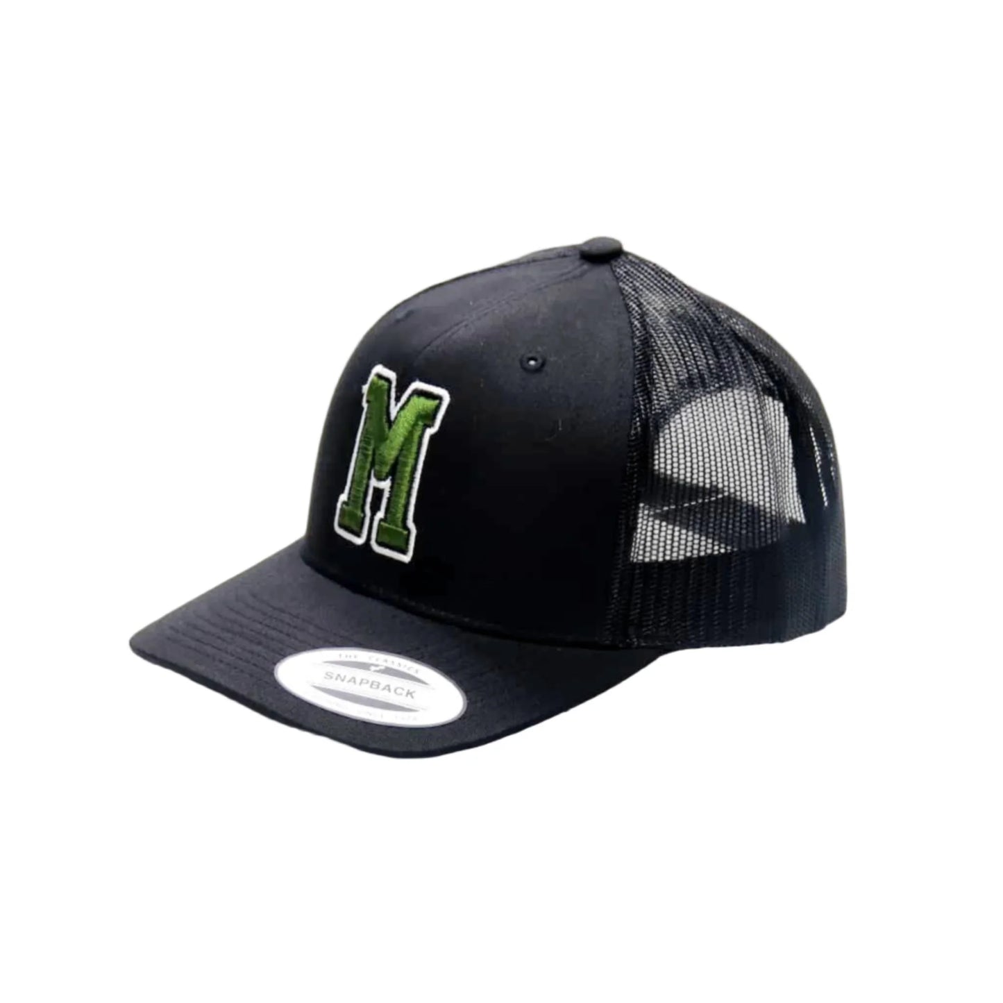 Black trucker cap with green letter 'M' on a white background