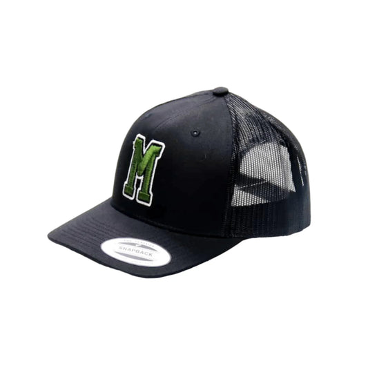 Black trucker cap with green letter 'M' on a white background
