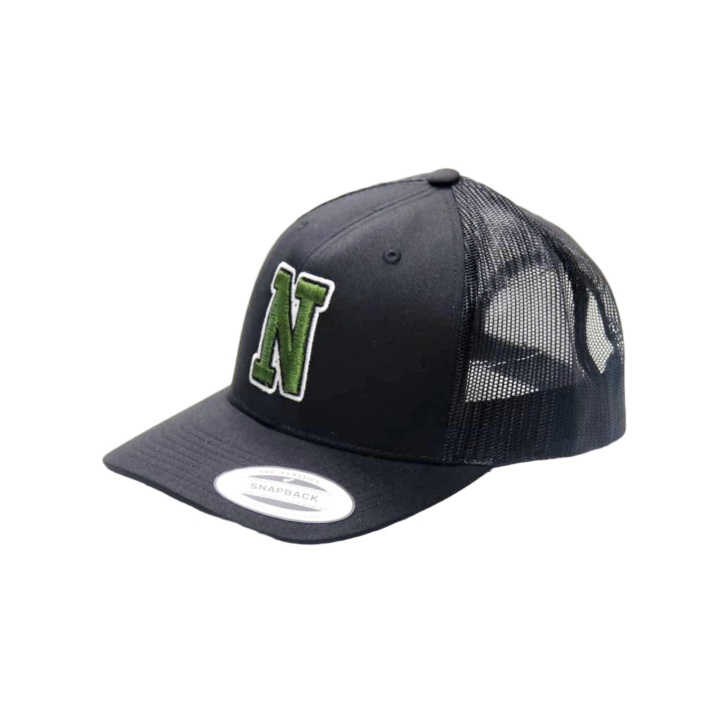 Black cap with green logo on a white background
