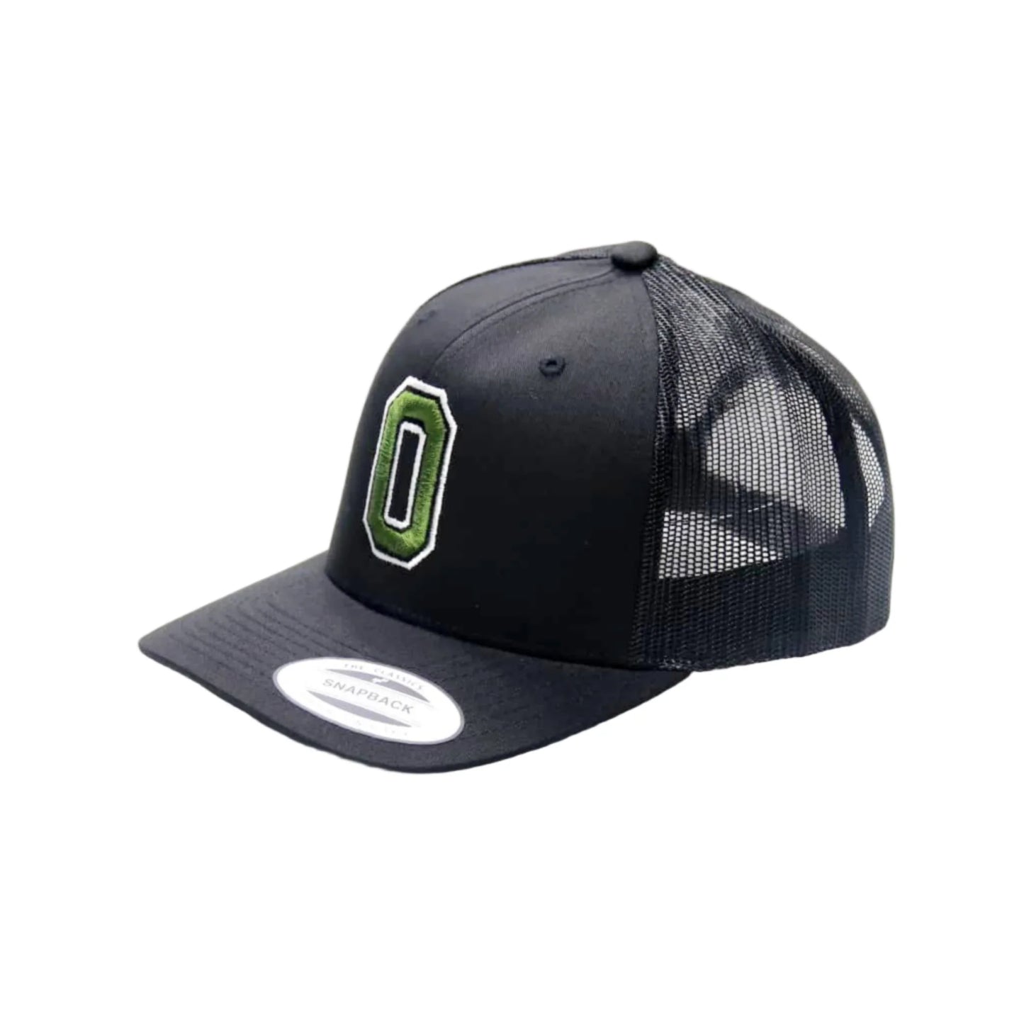 Black cap with green logo on a white background