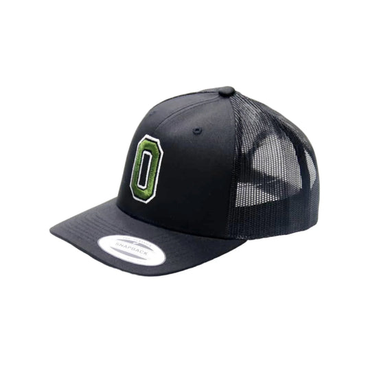 Black cap with green logo on a white background