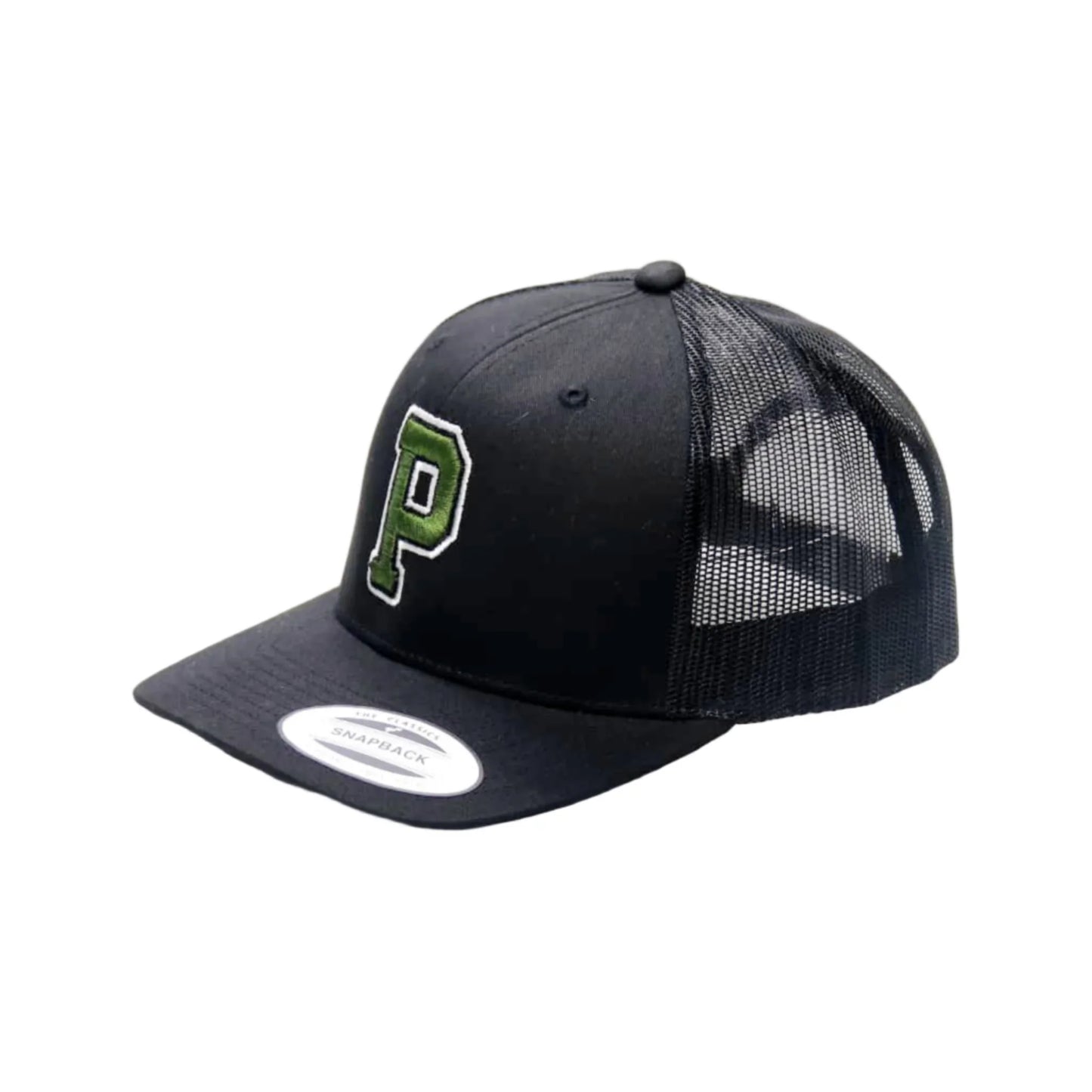 Black trucker cap with green logo on a white background