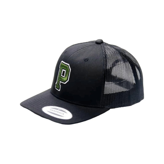 Black trucker cap with green logo on a white background