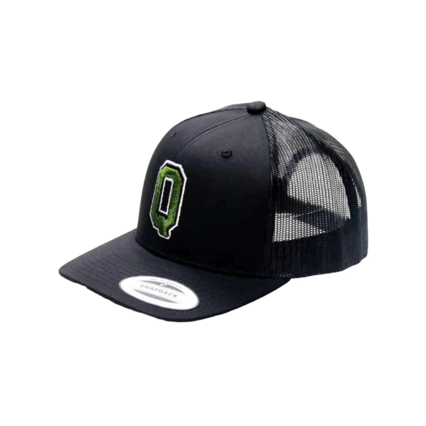 Black trucker cap with a green logo on a white background