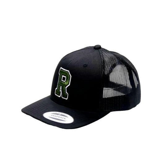 Black trucker cap with green logo on a white background