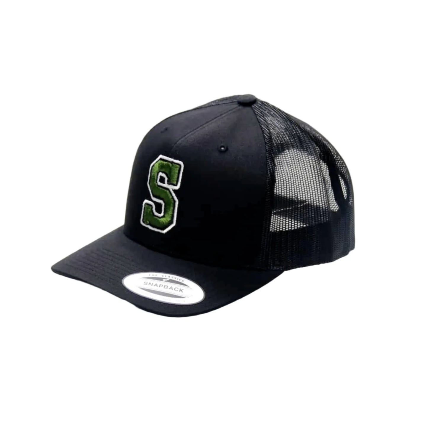 Black trucker cap with green logo on a white background